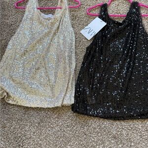 NWT Zara Sequin Tank Tops in Black and Gold size 10 and 11-12